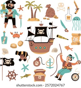 Cartoon pirates elements. Cute sea objects, ship with black flag, sailor and captain with parrot on shoulder, funny sea robbers, vector set