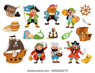 Cartoon Piraten Elemente. Sonnige Seeräuber. Segelschiff mit Kanon und Anker. Meerjungfern und Brust aus Gold. Köche. Filibuster Kapitän und Seeleute. Abenteuer auf See