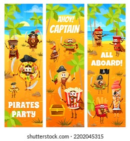 Cartoon pirates fastfood characters on treasure island. Vector banners with funny nachos, tacos, burger and donut, hot dog and coffee cup, pizza , pop corn or french fries pirate personages