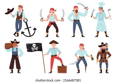 Cartoon pirates. Funny ship crew, cute men in retro costumes, sea bandits, jolly roger flag with skull, male smiling sailor, cook and captain hold sword, chest with treasure, recent vector set