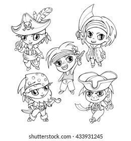 Cartoon Pirates Heroes Set in style Chibi-Art. Vector black and white illustration.