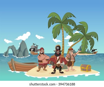 Cartoon pirates on a beautiful tropical beach with gold chest
