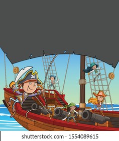 Cartoon pirates on a ship at the sea