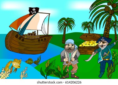 Cartoon pirates on a tropical beach with gold chest. vector illustration