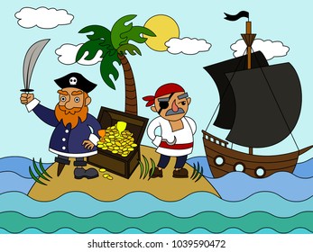 Cartoon pirates on an uninhabited island coloring vector illustration. Color image.