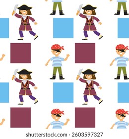 Cartoon pirates pattern with boy and girl characters in costumes and bright squares.