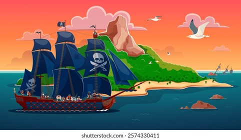 Cartoon pirates sail ship near the island. Vector scene with galleon vessel with corsairs on deck, sailing by a lush green island during sunset under the vibrant skies create an adventurous atmosphere