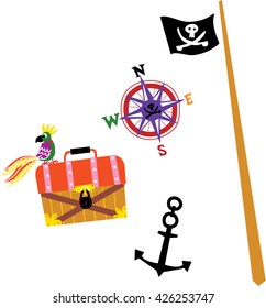 cartoon Pirates treasure box, flag, treasure bag set. vector illustration