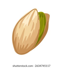 Cartoon pistachio with cracked shell and exposed nut. Vector food illustration. For healthy snack design, menus, mobile apps, product labels, digital icons
