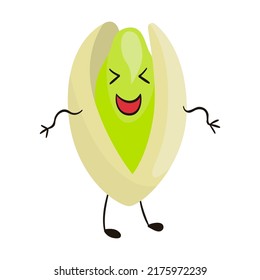 Cartoon pistachio. Cute characters, funny friendly walnut, almond, hazelnut, macadamia, sunflower seed. Flat vector illustration food