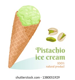 Cartoon Pistachio ice cream in waffle cone isolated on white background. Vector illustration of summer sweets  with taste of nuts in simple flat style.