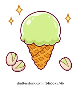 Cartoon pistachio ice cream waffle cone with pistachio nuts. Cute and simple drawing of traditional gelato flavour. Isolated vector clip art illustration.