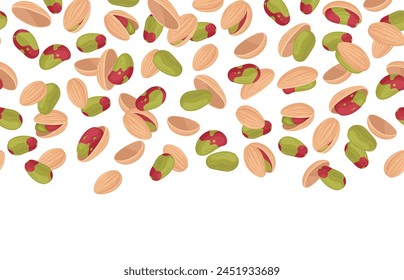 Cartoon pistachio nuts background. Falling pistachios pattern, salty popping nuts snack flat vector backdrop illustration. Testy flying pistachio nuts on white