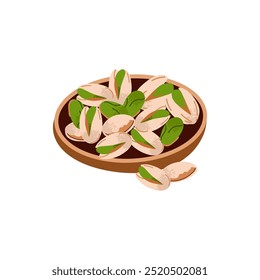 Cartoon pistachio. Nuts in shell and peeled pieces. Healthy food. Diet snack. Organic vegetarian element. Whole and half. Natural plant ingredient packaging design vector isolated illustration