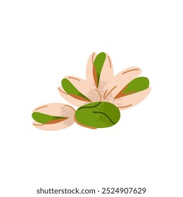 Cartoon pistachio. Nuts in shell and peeled pieces. Healthy food. Diet snack. Organic vegetarian element. Whole and half. Natural plant ingredient packaging design vector isolated illustration