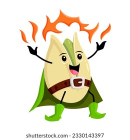 Cartoon pistachio wizard character. Isolated vector funny nut in shell wizard with magic power casts sorcery witchcraft spell. Halloween protein food personage in green cape and mysterious glow fire