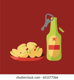 cartoon Pistachios on a plate. flat design style background with space & text isolated. modern opened Beer Bottle icon with label & cool simple Opener beer. drink & enjoy life