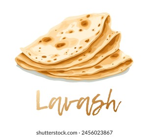 Cartoon Pita Bread Stack Vector Icon Isolated on White Background. Colorful illustration of a stack of fluffy pita bread. Round, leavened flatbreads are depicted in a warm golden brown color