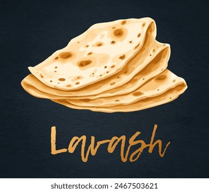 Cartoon Pita Bread Stack Vector Icon Isolated on Black Chalkboard. Colorful illustration of a stack of fluffy pita bread. Round, leavened flatbreads are depicted in a warm golden brown color