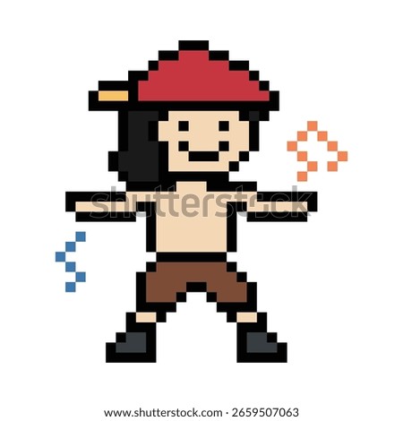Cartoon pixel art character man exercises training aerobic dance lifestyle music decoration life style 8 bit male boy dance with music game 8bit fitness isolated vector.