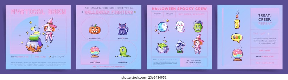 Cartoon Pixel art Halloween Vector Square Posters. Pumpkin, Ghost, Zombie, Candy Treats Decorations Card Templates. 