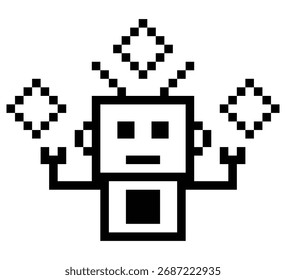Cartoon pixel art of humanoid robot or ai learning skill robotic chat bot robots business vector character automation background 8 bit decoration.
