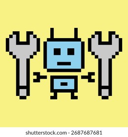 Dibujos animados pixel art de humanoide robot o ai aprendizaje habilidad robot chat bot máquina negocio Vector personaje automatización de fondo 8 bit decoración.