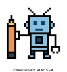 Cartoon pixel art of humanoid robot or ai learning robotic chat bot machine business vector character automation background 8 bit artificial intelligence.