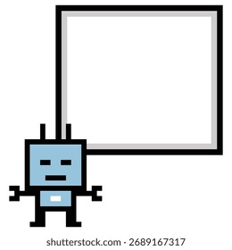 Cartoon pixel art of humanoid robot or ai learning robotic chat bot machine business vector character automation background 8 bit artificial intelligence.
