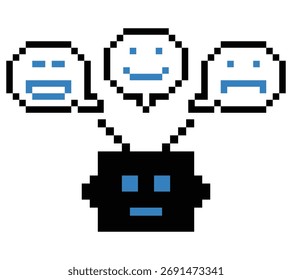 Cartoon pixel art of humanoid robot learning robotic chat bot machine business vector character automation electronic background 8 bit artificial intelligence concept.