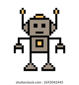 Cartoon pixel art de robô humanoide ou ai aprendizagem robótica bate-papo robô máquina negócio vetor personagem automação eletrônico de fundo 8 bit conceito de inteligência artificial.