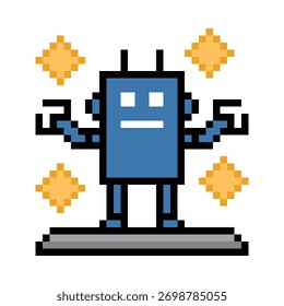 Cartoon pixel art de robô humanoide aprendendo brinquedo robô engenheiro robótico máquina robô vetor de negócios personagem automação eletrônico fundo 8 bit inteligência artificial arte.