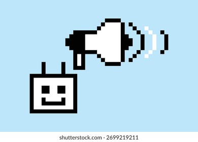 Cartoon pixel art of humanoid robot learning toy robotic engineer bot machine business vector character automation electronic background 8 bit artificial intelligence art.