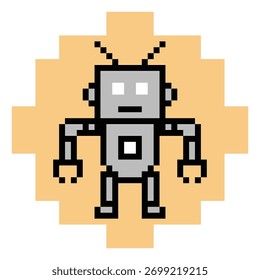 Cartoon Pixel Kunst des humanoiden Roboter lernen Spielzeug Roboter Ingenieur Bot Maschine Business Vektor Charakter Automatisierung elektronischer Hintergrund 8 Bit künstliche Intelligenz Kunst.