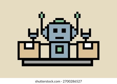 Cartoon pixel arte de robô humanoide aprendendo brinquedo robô engenheiro robótico máquina robô vetor negócio automatização de caracteres eletrônico fundo 8 bit conceito de inteligência artificial.
