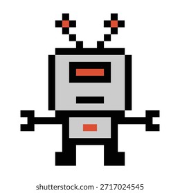 Desenho animado pixel art de robô humanoide aprendendo brinquedo robótico ciborgue engenheiro bot máquina negócio vetor personagem automação eletrônico 8 bit inteligência artificial androide design digital.