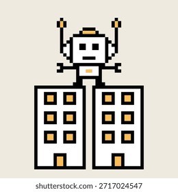 Dibujos animados pixel art of humanoid robot aprendizaje de juguete robot cyborg ingeniero bot máquina negocio Vector de automatización de personajes fondo electrónico 8 bit inteligencia artificial androide diseño digital.