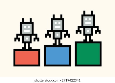 Cartoon Pixel Kunst des humanoiden Roboter Spielzeug Roboter Cyborg Ingenieur Bot Maschine Business Vektor Charakter Hintergrund künstliche Intelligenz Vektor.
