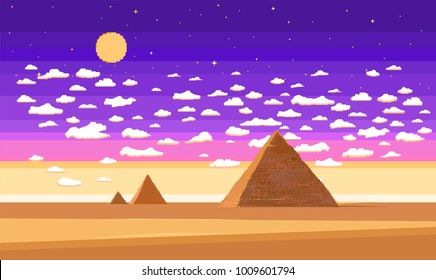 Cartoon pixel art illustration of pyramids  in the desert. Pixel art game background in desert with ground, stars, sky, clouds and moon