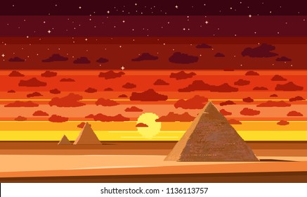 Cartoon pixel art illustration of pyramids in the desert. Pixel art game background in desert with ground, stars, sky, clouds and moon