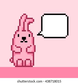 Cartoon pixel art style pink bunny speech bubble vector illustration