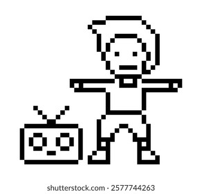 Cartoon pixel character cute man exercises training dance lifestyle music decoration life style 8 bit male boy dance with music game 8bit fitness isolated vector.