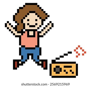 Cartoon pixel character cute woman exercises training dance lifestyle music decoration life style 8 bit female girl dance with happy 8bit fitness isolated vector.