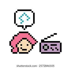 Cartoon pixel character cute woman exercises dance lifestyle listen music love decoration life style 8 bit female girl listen to music game 8bit sing song isolated vector.