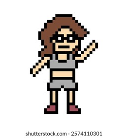 Cartoon pixel character cute woman exercises training dance lifestyle music decoration life style 8 bit female girl dance with music game 8bit fitness isolated vector.