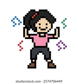 Cartoon pixel character cute woman exercises training dance lifestyle music decoration life style 8 bit female girl dance with music game 8bit fitness isolated vector.