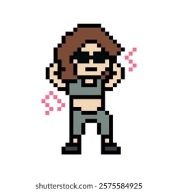 Cartoon pixel character cute woman exercises training dance lifestyle music decoration life style 8 bit female girl dance with music game 8bit fitness isolated vector.