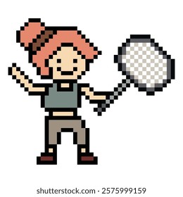 Cartoon pixel character cute woman lady exercise training play badminton tennis lifestyle decoration life style 8 bit female girl game badminton 8bit fitness isolated vector.