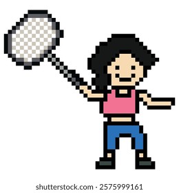 Cartoon pixel character cute woman lady exercise training play badminton tennis lifestyle decoration life style 8 bit female girl game badminton 8bit fitness isolated vector.