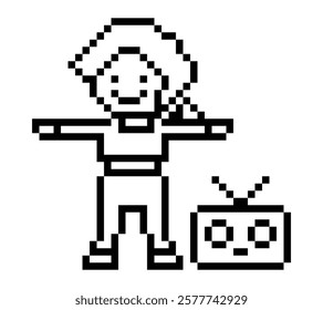 Cartoon pixel character cute woman exercises training dance lifestyle music decoration life style 8 bit female girl dance with music game 8bit fitness isolated vector.